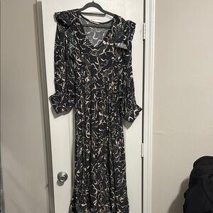 George Cream and Gray Midi Dress with Bishop Sleeves